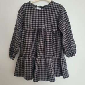 🧸2/20$ Zara 3T Girl Black and Grey Checkered Tiered Long-Sleeve Gingham Dress